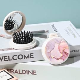 Mini hairbrush, pocket hairbrush with mirror, portable for purse/pocket, travel size (Pink marble)
