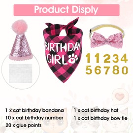 Cat Birthday Party Supplies Bandana Bow Collar Set Tie Cat Hat with Number Pet Birthday Decorations for Kitten Outfits (Pink)