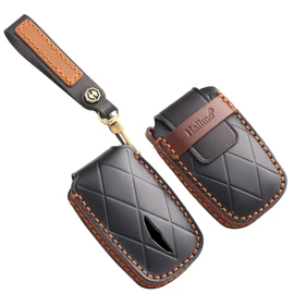 HIBEYO Leather Key Fob Cover Compatition with Genesis GV60 GV80 G70 G90 2025 2024 2023 Accessories Genuine Leather Key Case Smart Key Shell with Keychain-6 Button Black