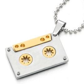 COOLSTEELANDBEYOND Unisex Gold Silver Cassette Pendant Necklace for Men Women Stainless Steel with 30 inches Ball Chain(CA)