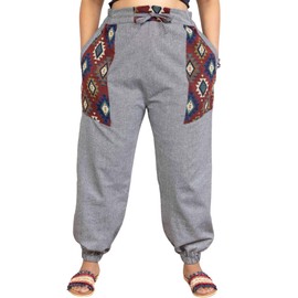 Mantra Vogue Cotton Linen Yoga Harems with Pockets Elastic Drawstring High Waist Casual Lounge Aladin Hippie Travel Boho Pants (US, Alpha, One Size, Regular, Regular, Boho Grey)
