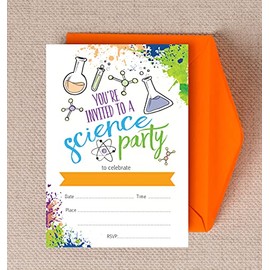 Hip Hip Hooray Pack of 10 Science Party Scientist Birthday Party Invitations Invites with Envelopes