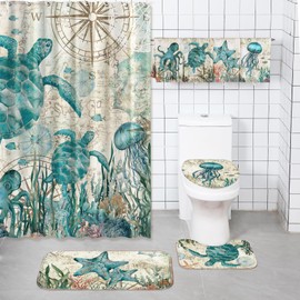 Tatuo 8 Pcs Sea Turtle Shower Curtain Set Summer Ocean Theme Bathroom Accessories Sets Decor Sea Animal Nautical Coastal Waterproof Shower Curtain with Towels Carpet Bath Mat Toilet Rugs and 12 Hooks