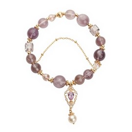 Dlismno Amethyst and Glass Beads Bracelet with Natural Pearl Charm for Women, Gold Accents, Gift for Birthday and Festivals, 7.5 Inches, Amethyst, Amethyst