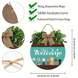 KPSheng Welcome Cute Cat Paws Door Sign, Farmhouse Door Sign for Front Door Porch Decor with Eucalyptus Leaves & Buffalo Bow,12inch Welcome Wreath Sign Hanging for Cats Lovers Christmas Decoration