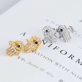 2 Pcs Set Gold White Gold Plated Evil Eye and Hamsa Hand Earrings Necklace of Fatima White Blue Cubic zircon crystal Stud For Women - Gold