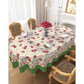 French Oval Tablecloth 60 x 84 Inch, Linen Farmhouse Vintage Floral Table Cloth with Dust Proof, Anti-Scratch, Wrinkle-Free, Washable Rustic Table Cover for Kitchen Dinning Party Decor