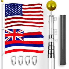 G128 Combo Pack: 25 Ft Telescoping Aluminum Flagpole (Silver) & American and Hawaii Flags 3x5 Ft, Both ToughWeave Series Embroidered Polyester | Pole with Flags Included