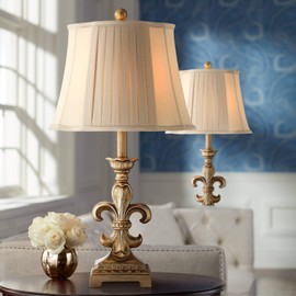 Regency Hill Louis Traditional French Fleur-de-Lis Table Lamps 25.75" High Set of 2 Antique Gold Ivory White Pleated Bell Shade Decor for Living Room Bedroom House Bedside Nightstand Home