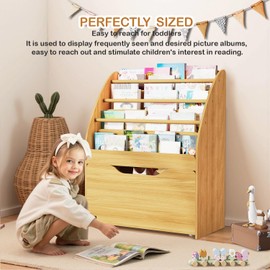 Lkeiyay Montessori Kids Bookshelf,4-Tier Toddler Bookshelf with Front-Facing Display & Rolling Storage Bin - Toddler Height Book Organizer for Nursery, Playroom, Classroom(Natural)