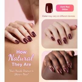 Morily Dark Red Glitter Press on Nails Short, Square Shaped Glitter Fake Stick on Nails for Women in 16 Sizes, 32 Pcs Reusable Full Cover Artificial False Fingernails