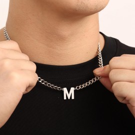 MeMeDIY Initial A-Z Cuban Link Chain Necklace for Men Women Letter Charms Stainless Steel Chain 6mm 18+2 Inches Graduation Gifts for Him Boyfriend Husband (M - Silver)
