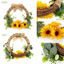 13 Inches Sunflowers Artificial Flowers, Summer Wreaths for Front Door with a Bow, Eucalyptus Wreath for Wall Window Farmhouse Party Holiday Home Decor