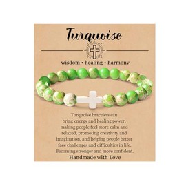 tenghong2021 Christian Gifts Stress Relief Healing Crystal Yoga Bracelets for Women Men Stretch Natural Stone 8mm Beaded Round Gemstones Jade Jewelry Protection Gifts With Message Card-Turquoise