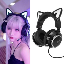 Cat Ear Headphones, USB Wired Gaming Headset with Retractable Mic, Noise Reduction Stereo PC Game Headset Over Ear Headphones with RGB Lighting Ergonomic Headband for Kids Adults