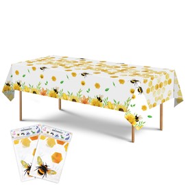 WERNNSAI Bee Party Tablecloth - 2 Pieces 137 x 274 cm Bees Birthday Party Accessories for Children Girls Baby Shower Bee Theme Party Decoration Large Printed Tablecloth