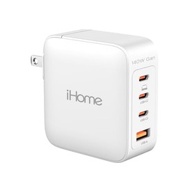 Cargador iHome 140W GAN: Cargador Universal para Laptop de Cuatro Puertos con (3) Puertos USB-C Power Delivery y (1) Puerto USB-A, Cargador de Pared C