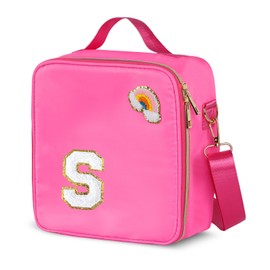 Insulated Nylon Lunch Box for Girls, Kids, and Women-Stylish (Letter 'S'),Pink Preppy Large Lunch Bag with Adjustable Strap, Tote for School, Travel, and Picnics-Ideal Preppy Stuff Choice