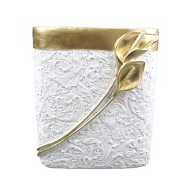 Hymmah Bathroom Trash Can 1.8 Gallon(7 Liter) Small Kitchen Garbage Can,Decor Wastebasket for Bedroom Office,Resin Hand-Carved Colla Lotus White&Gold