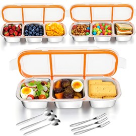 VAlinks 3 Pack Snack Containers with Leakproof Lids 304 Stainless Steel Bento Lunch Box Divided Food Containers for Home officer Gym Travel (3)