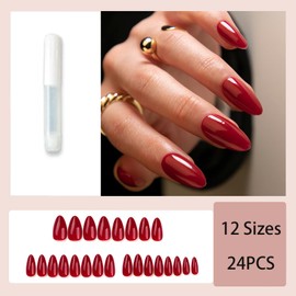 24pcs Burgundy Press-on False Nails - Almond Shape with Oval French Tip - Full Cover Acrylic Nails of Solid Color - 12 Sizes