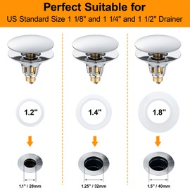 𝐓𝐈𝐎𝐑𝐈𝐘 Universal Bathroom Sink Stopper - 1.1~1.5" Sink Drain Stopper, Full-Size Bounce Bullet Type Pop Up Basin Drain Strainer, Chrome Anti-Clogging Sink Drain Filter with Hair Catcher (Silver)