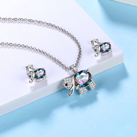 Lucky Symbol Animal Elephant Ring Birthstone Open Ring White Gold Over Sterling Silver Cute Elephant with Birthstone Jewellery Set for Women Girls Wife Girlfriends Valentine's Day Jewellery Gift,