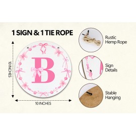 Monogram Round Sign For Front Door, Cherry Bow Theme Sign For Porch Art Wall Door, Initial Signs Hanging Ornament For Indoor Outdoor, Decorations Gifts For Four Seasons Rustic Home Kitchen, B, A02