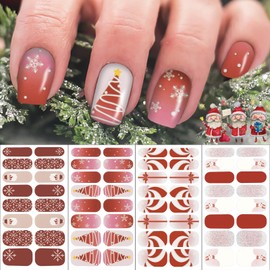 winthrop 8 Sheets Christmas Nail Wraps Full Stickers Nail Polish Strips, DIY Self-Adhesive Nail Art Glitter Decals Snowflake Santa Claus Xmas Tree Party Decor with 2 Pcs Nail Files (128 Pieces)