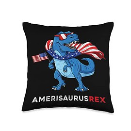 Love All Humans Animals & Earth Funny Amerisaurus T-Rex American Flag USA July 4 Veteran Throw Pillow, 16x16, Multicolor