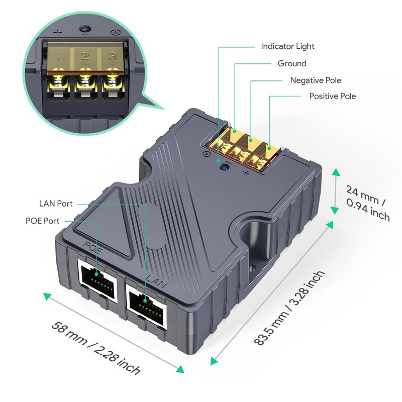 PoE Injector 48‑57V 3A GigE Passive ABS Surge ESD Protection