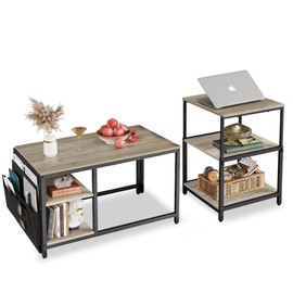 WLIVE Coffee Table for Living Room, Adjustable Coffee Table Set of 2 with End Table, Small Industrial Coffee Table with Side Table, Metal Frame and Wood Desktop, Grey