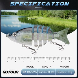 GOTOUR Fishing Lures for Freshwater or Saltwater, Easy to Use for Family Fishing Beginner and Pros, Most Lifelike Jointed Swimbait for Almost All Fishes，Slow Sinking Bass Pike Panfish Walleye Lures