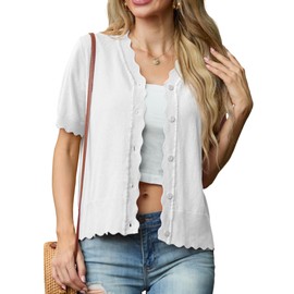 GRECERELLE Womens Summer Cardigan Lightweight Button Down Short Sleeve Cardigans Ladies Knit V-Neck Scalloped Shrugs Cardigans (White, XXL)