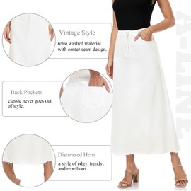 MISS MOLY Women's Jean Skirt Stretch High Waisted Frayed Raw Hem A Line Denim Midi Skirt with Pockets White S