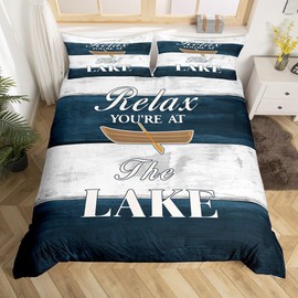 Lake Life Bedding Set Twin Size Kids Lake House Comforter Cover Set for Boys Camping Rustic Wooden Duvet Cover Breathable Paddle Bedspread Cover Room Decor Farmhouse Decor Quilt Cover