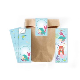 12 Bookmarks + 12 Gift Bags (Natural) + 12 Stickers Mermaid Party Bag Set Guest Gifts for Children's Birthday Girls Birthday