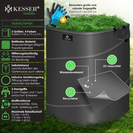 KESSER® Pop-Up Garden Bag 3 x 219 L Set Leaf Bags Garden Waste Bag Including Gloves Self-Standing with Handles Stable Robust & Foldable Leaf Bags Lawn Cut Garden Bags for Garden Waste Green Cutting