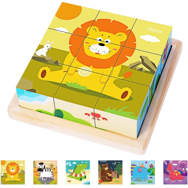 Japace Wooden Jigsaw Puzzles for Toddlers, 6 in 1 Animal