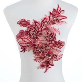 Silvora 3D Embroidered Flower Fabric Beaded Rhinestones Pearl Lace Applique, DIY Patches Accessory for Wedding Dresses，Neckline Bodice Pants(Red)