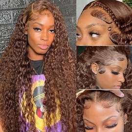 Chocolate Brown Deep Wave Lace Front Wigs Human Hair 13x6 Hd Lace Curly Lace Frontal Wigs for Black Women Pre Plucked Glueless 4# Brown Colored Wig (28 Inch)