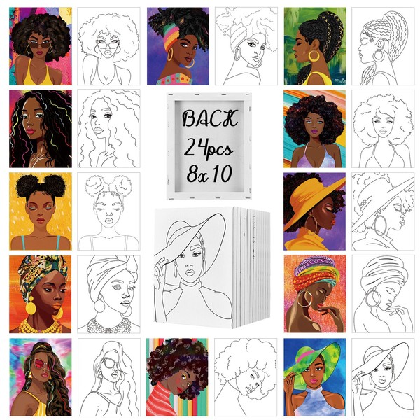 24 Pcs Pre Drawn Canvas 8 x 10 Inch Canvas Painting Pre Drawn Stretched Outline Canvas Painting Boards Back to School Paint Party Favor for Student Adults Kids, No Pigment (Afro Queen)