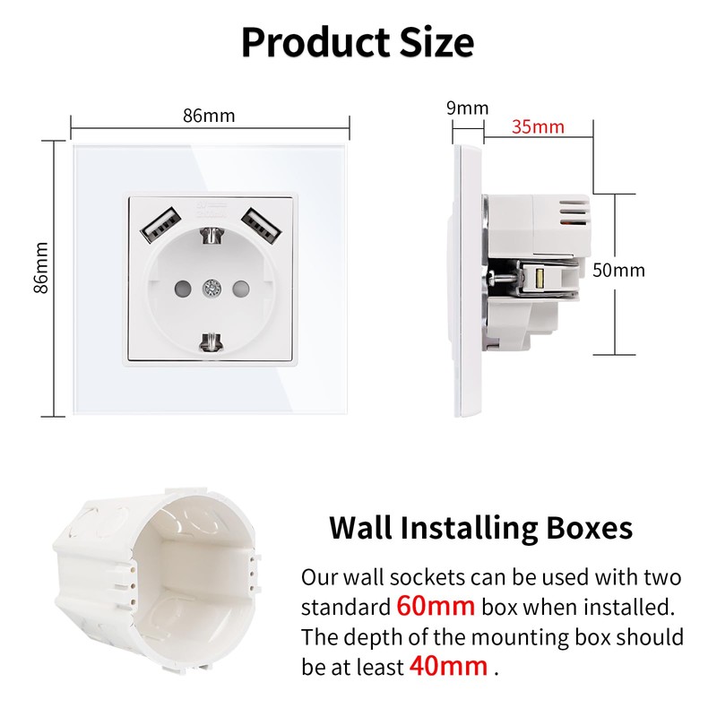 JIMEIDA Single Socket with 2 USB Glass White with Hooks