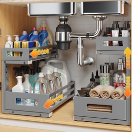 2-Pack Under Sink Organizers and Storage,2-Tier L Shape Pull Out Cabinet Organizer With Round Tube Slide Rails,Hight Adjustable Slide Out Drawers for Kitchen&Bathroom,Multi-Purpose Storage Shelf-Gray