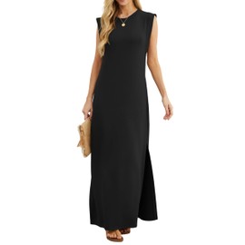 GRECERELLE GRECERELLE Womens Summer Maxi Dress Casual Shirt Dresses Elegant Styles Basic Sleeveless Maxi Dresses for Women UK with Split and Pockets (Black, L)