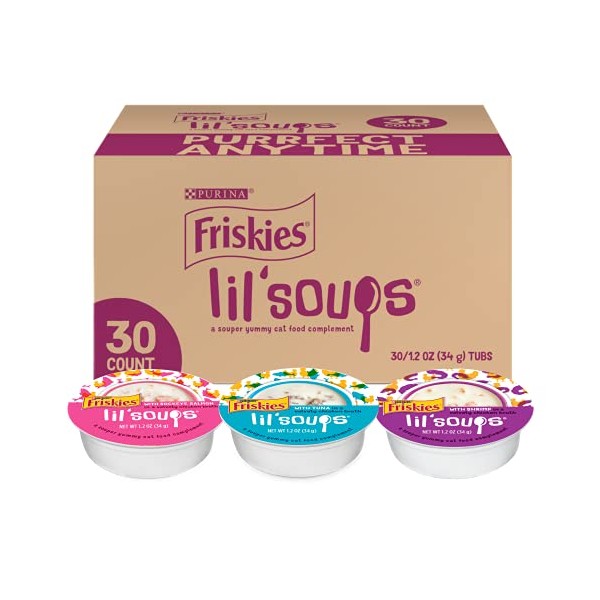 Friskies Purina Grain Free Wet Cat Food Complement Variety Pack, Lil' Soups with Salmon, Tuna or Shrimp - (30) 1.2 oz. Cups