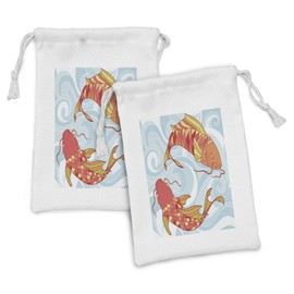Lunarable Koi Fish Fabric Pouch Set of 2, Hand Drawn Colorful Koi and Swirled Sea Waves Japanese Oriental Art Design, Small Drawstring Bag for Toiletries Masks and Favors, 9" x 6", Blue Orange