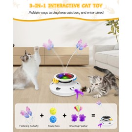 Interactive Cat Toy, [3 in 1] Automatic Rotating Butterfly & Moving Feather Hide Seek Mouse Holes with Exercise Track Balls Refills for Indoor Kitten