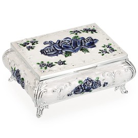 SumnaCon Vintage Metal Small Jewelry Box with Blue Flower Pattern, Retro Trinket Storage Organizer Box Jewelry Holder for Rings, Earrings, Necklace, White (Size S)
