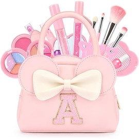 Kids Real Makeup Kit for Girls - 18Pcs Non-Toxic Washable Make Up Toys with Initial Toddler Purse - Easter Basket Stuffers for Toddler Birthday Gifts for Age 3 4 5 6 7 8 9 10 Years Old Vanity Set - A